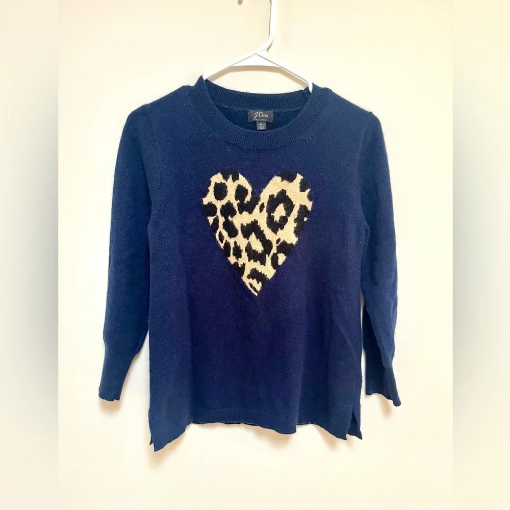J. Crew 100% Cashmere Animal Print Heart Sweater